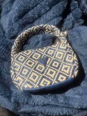 GUESS Navy and Cream Woven Mini Shoulder Bag